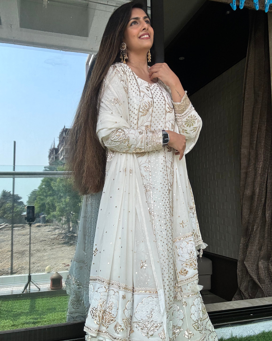 Pure Georgette Anarkali Dress With Pita And Pearl Work