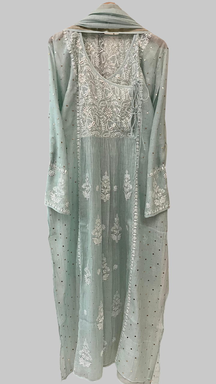 Pure Mul Chanderi Semi Stitched Angarkha Kurta And Dupatta Set