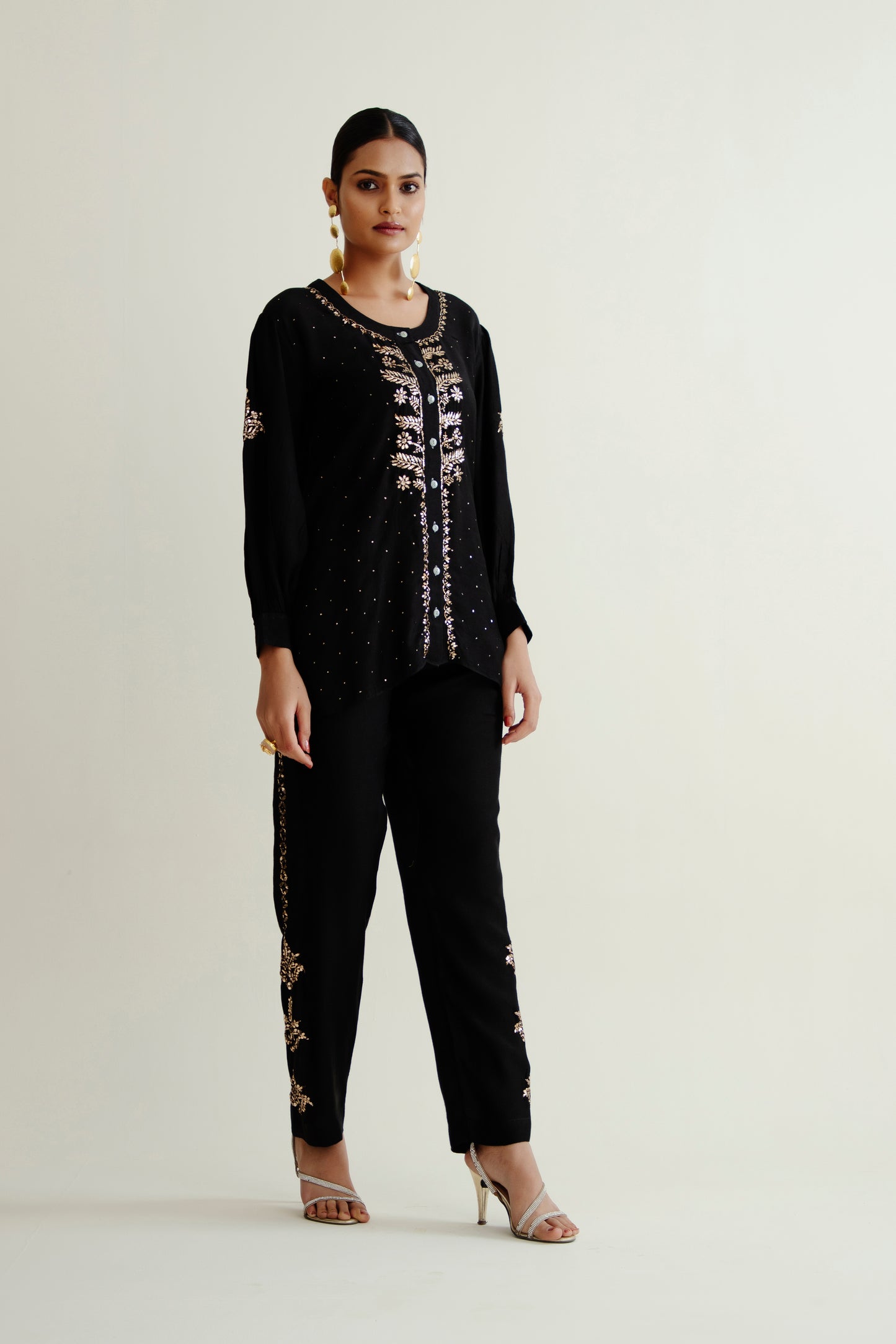 Black Co-ord Set In Pure Chanderi Silk With Mukaish Work