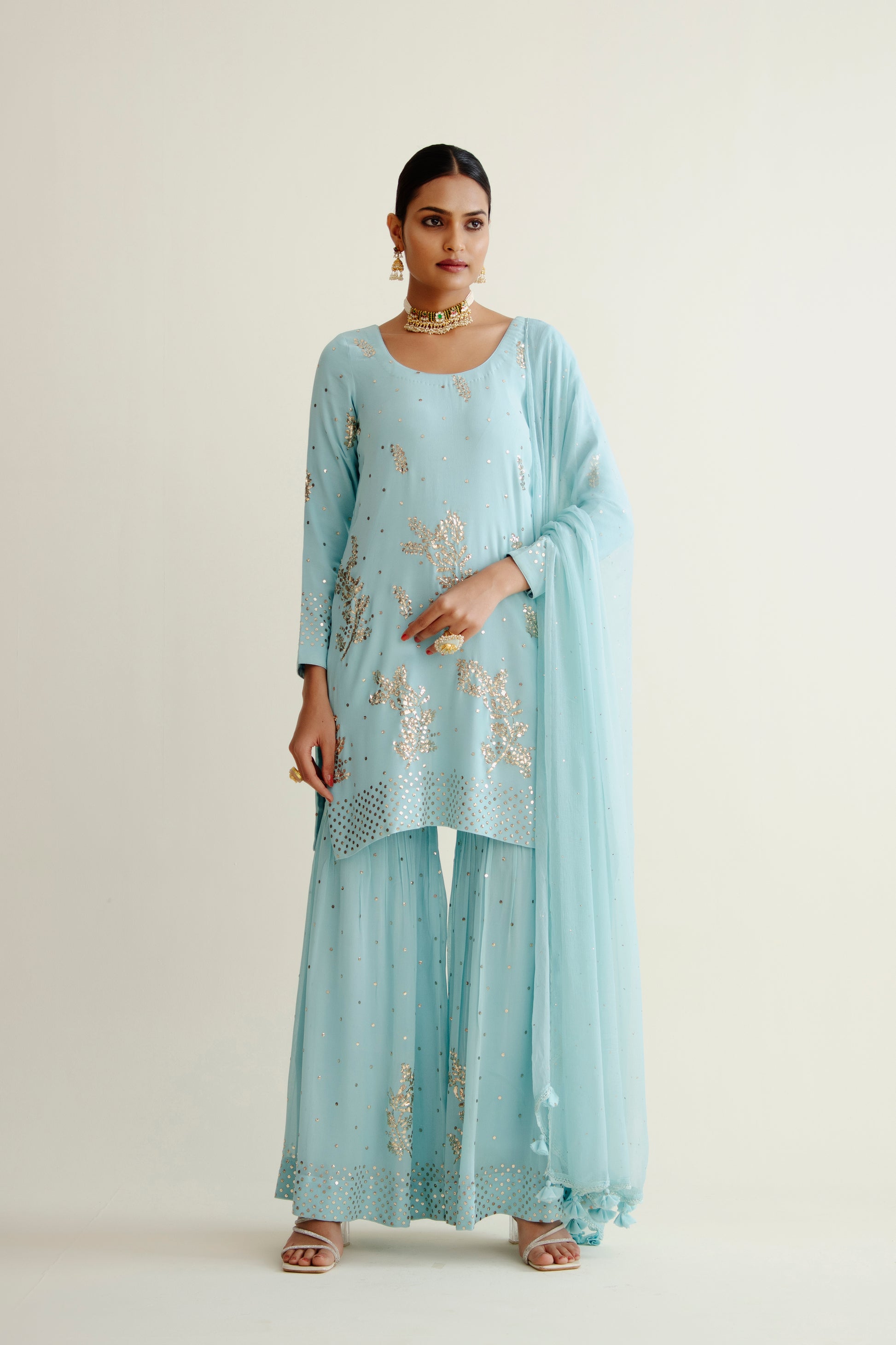 Dyeable Pure Georgette Garara Set With Mukaish Work