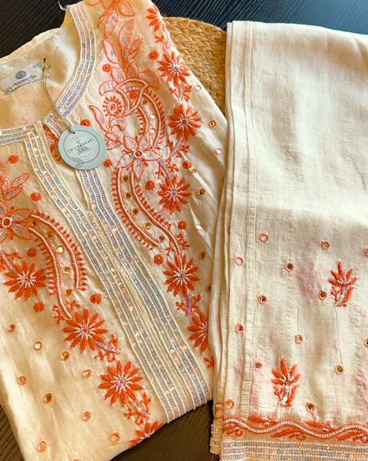 Pure Chanderi Silk Pearl And Thread Work Co-ord Set With Sequins