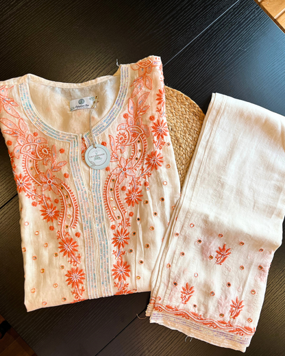 Pure Chanderi Silk Pearl And Thread Work Co-ord Set With Sequins