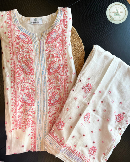 Pure Chanderi Silk Pearl And Thread Work Co-ord Set With Sequins