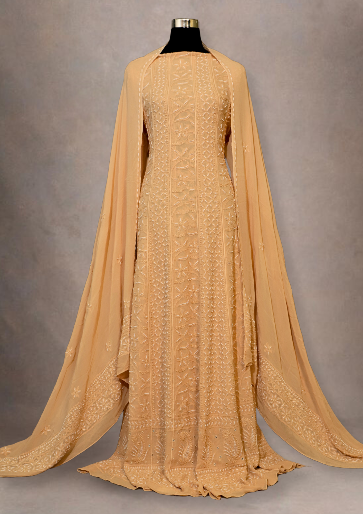 Beige Pure Viscose Georgette Anarkali Dress With Thread And Pearl Work