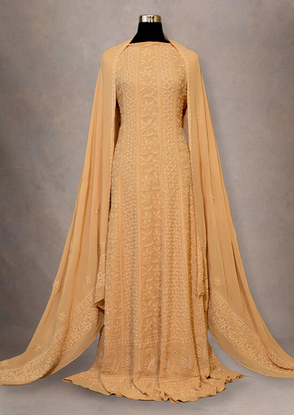 Beige Pure Viscose Georgette Anarkali Dress With Thread And Pearl Work