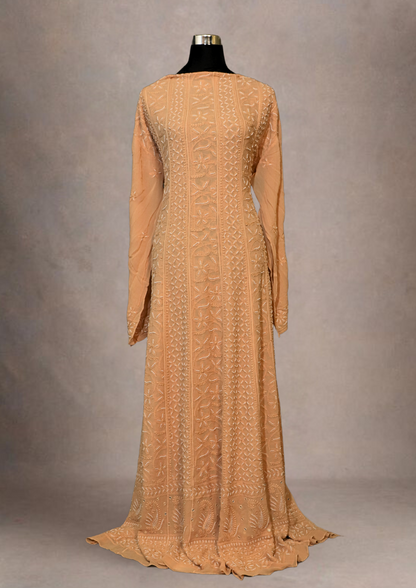 Beige Pure Viscose Georgette Anarkali Dress With Thread And Pearl Work