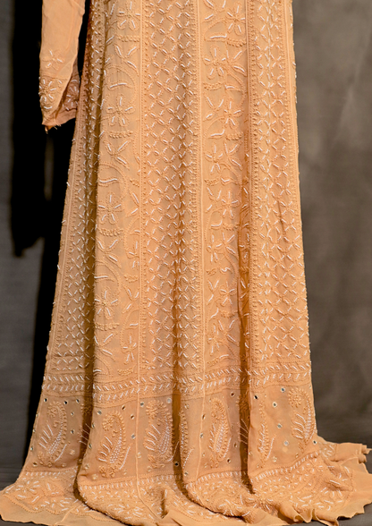 Beige Pure Viscose Georgette Anarkali Dress With Thread And Pearl Work