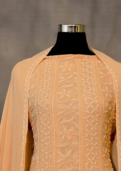 Beige Pure Viscose Georgette Anarkali Dress With Thread And Pearl Work