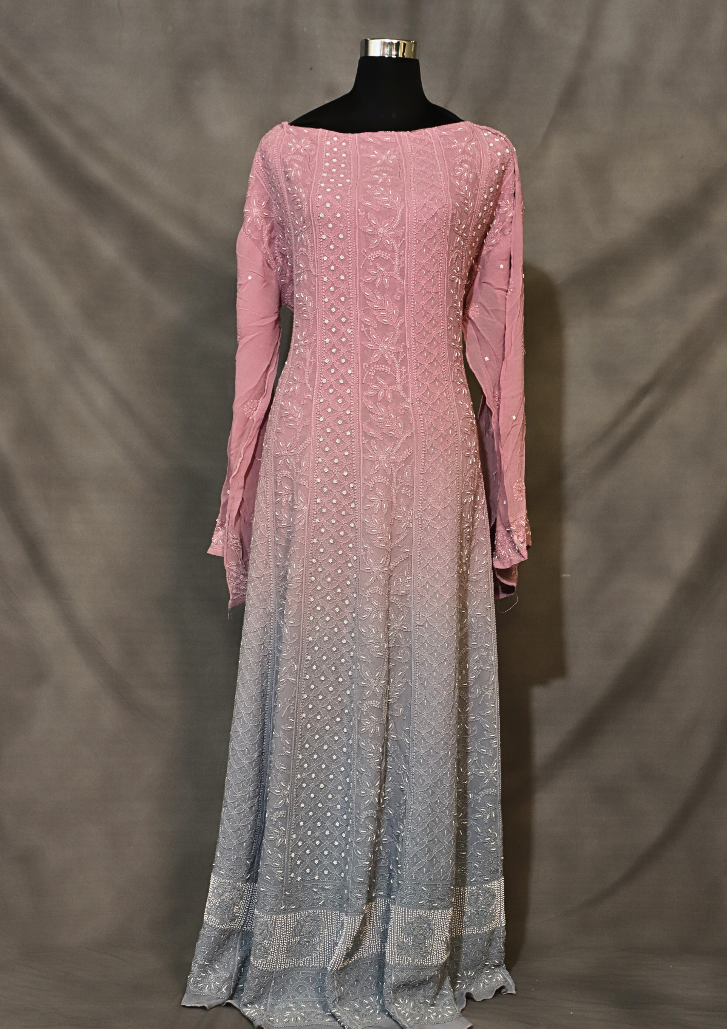 Ombré Pink Pure Viscose Georgette Anarkali Dress With Thread And Pearl Work