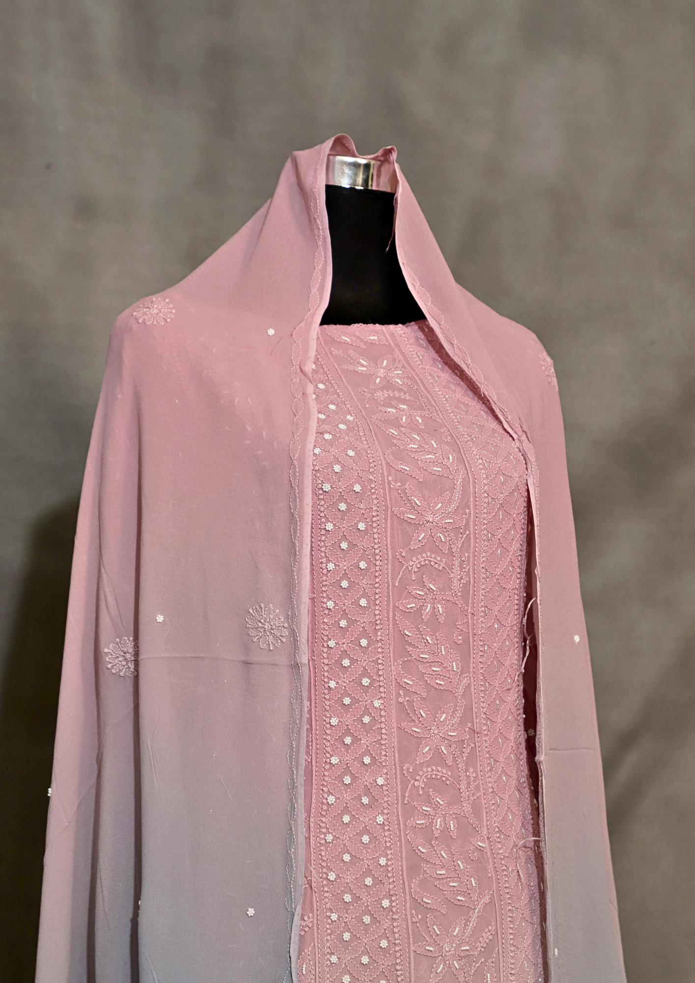 Ombré Pink Pure Viscose Georgette Anarkali Dress With Thread And Pearl Work