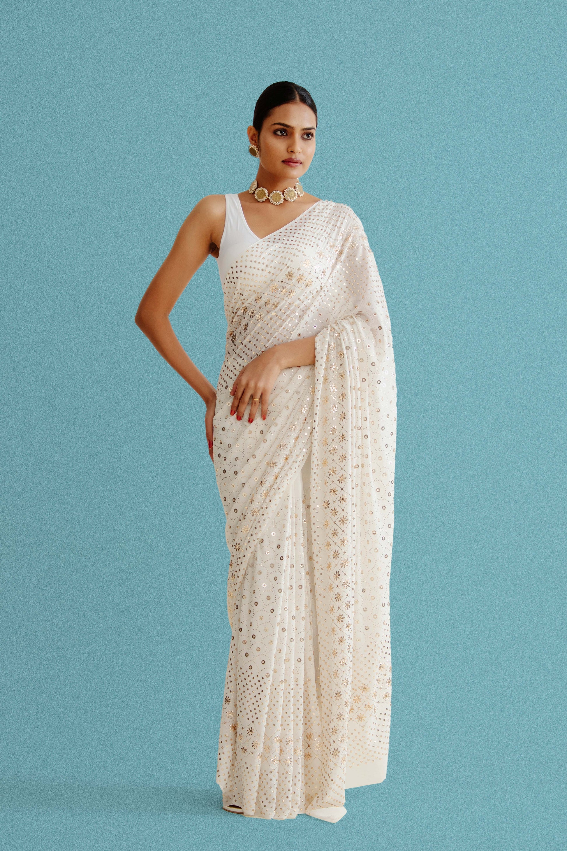 Dyeable Saree In Pure Georgette With Mukaish Work