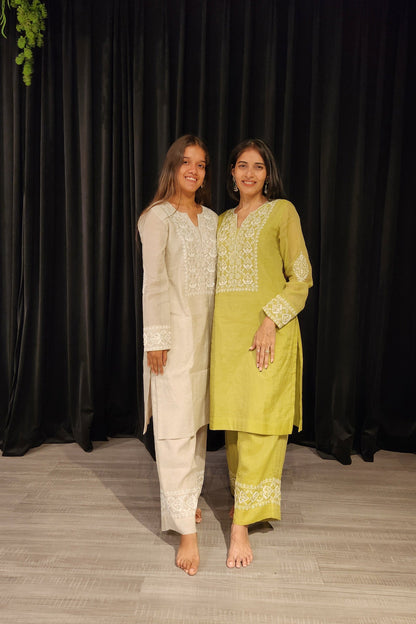 Pure Silver Tissue Co-ord Set With Pearl Sequence And Cutdana