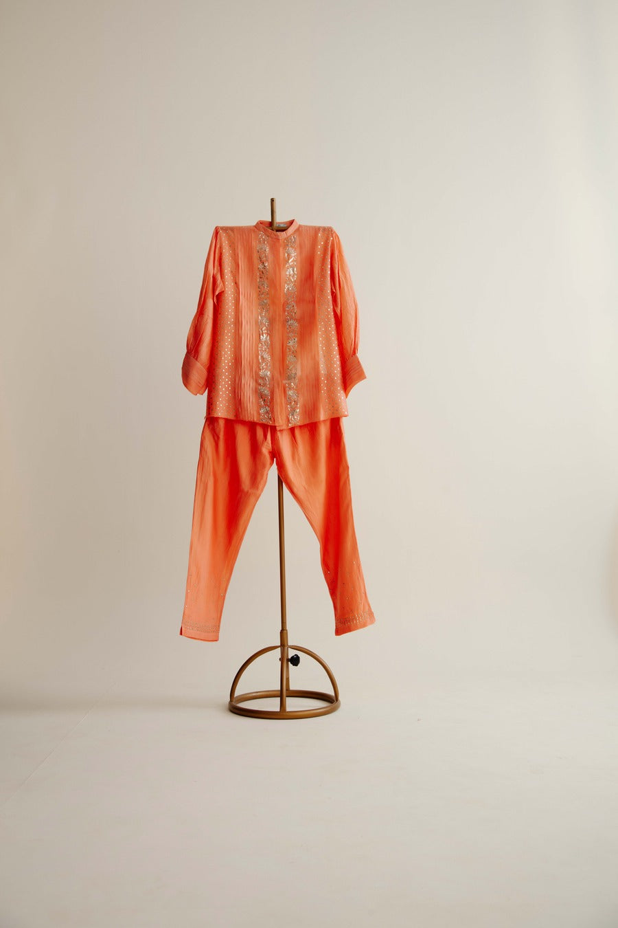 Orange Co-ord Set in Pure Chanderi Silk With Mukaish Work