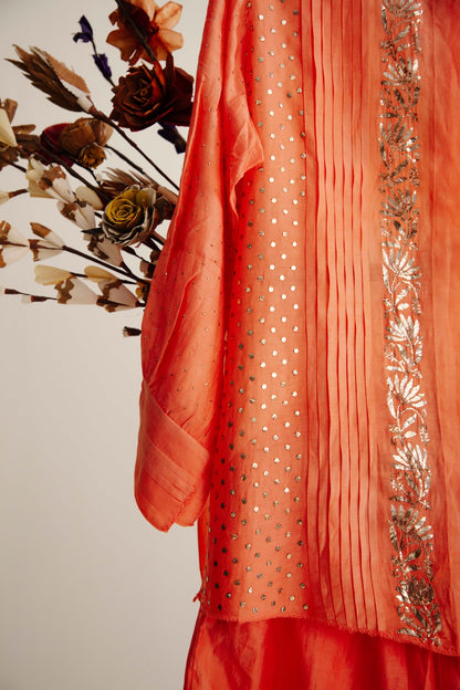 Orange Co-ord Set in Pure Chanderi Silk With Mukaish Work