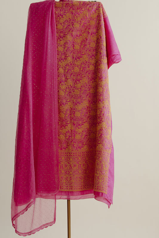 Pink Kurta 3 Piece Set In Pure Tussar Silk