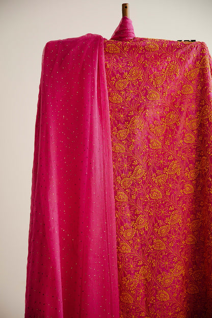 Pink Kurta 3 Piece Set In Pure Tussar Silk