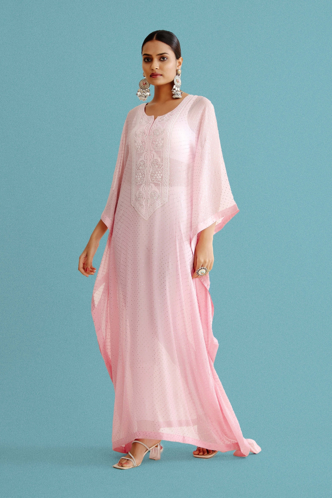 Pink Pure Georgette Kaftan With Chickankari And Mukaish Work