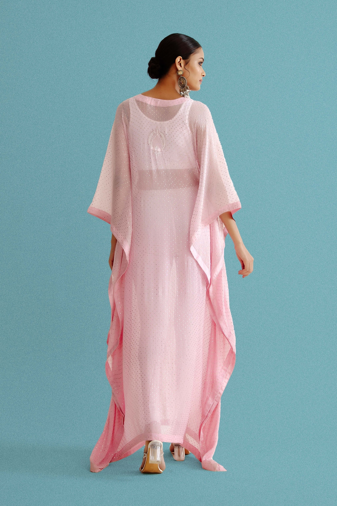 Pink Pure Georgette Kaftan With Chikankari And Mukaish Work