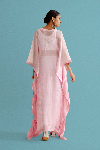Pink Pure Georgette Kaftan With Chikankari And Mukaish Work