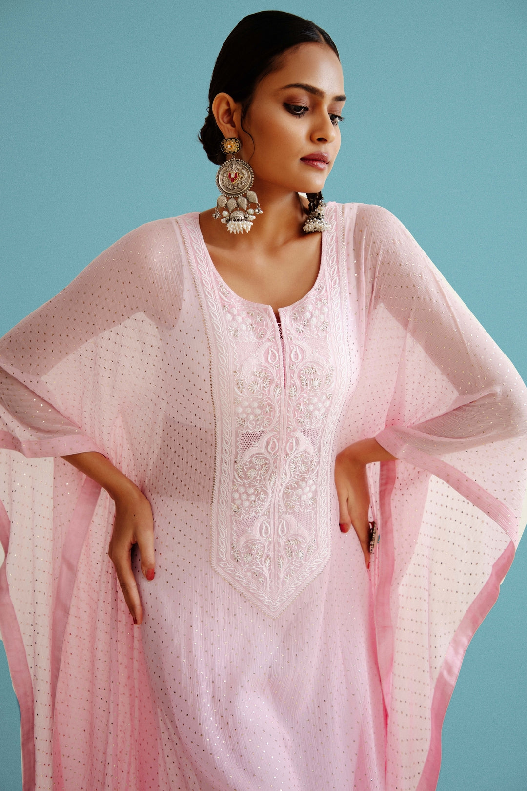 Pink Pure Georgette Kaftan With Chickankari And Mukaish Work