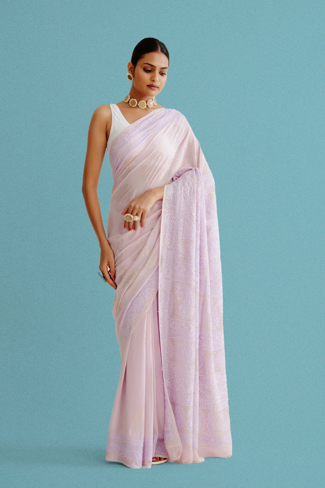 Pure Georgette Saree With Mukaish And Thread Work