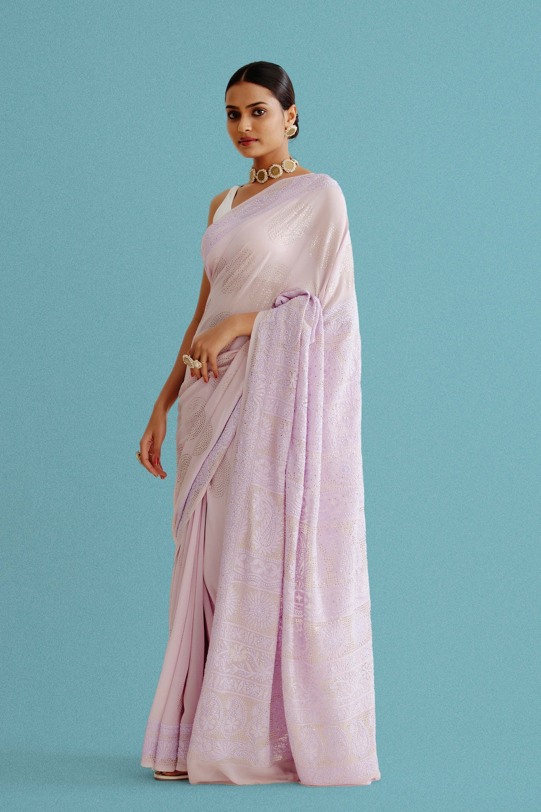 Pure Georgette Saree With Mukaish And Thread Work