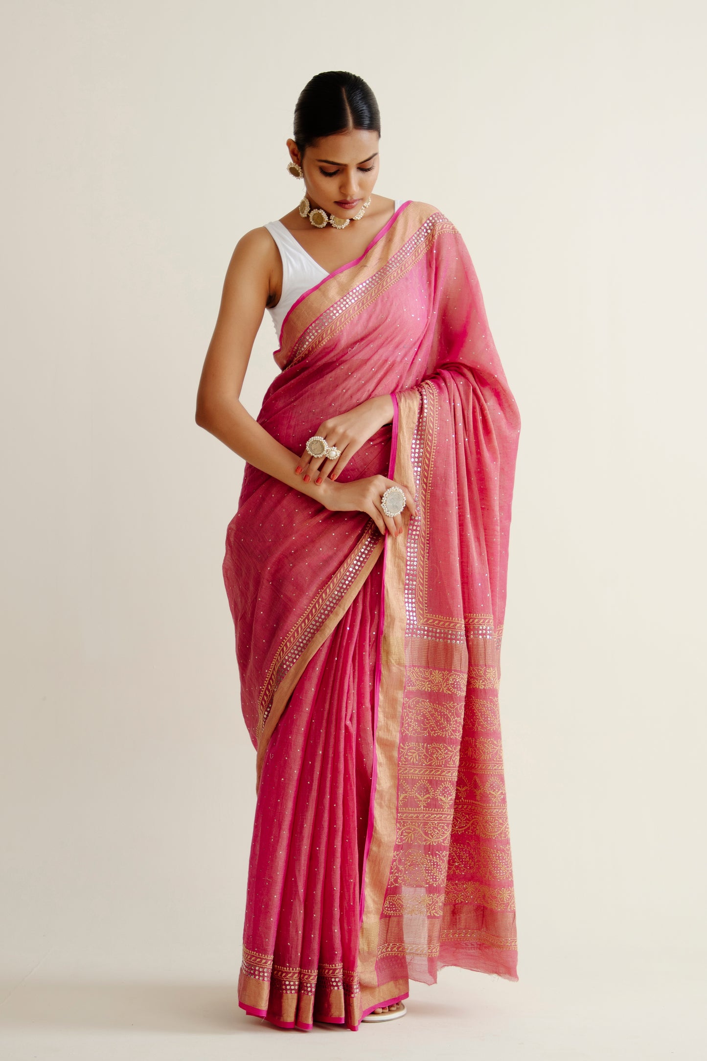 Red Pure Tissue Saree With Mukaish And Thread Work