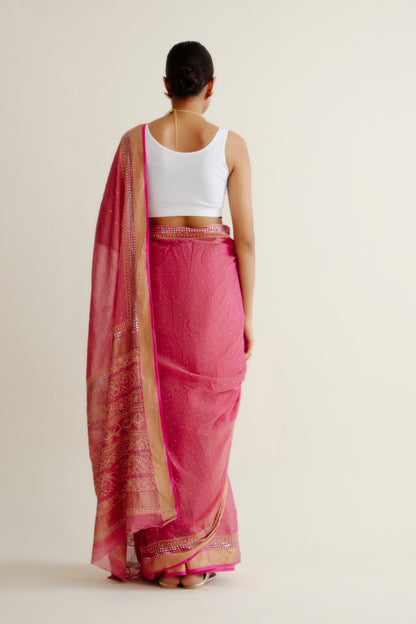 Red Pure Tissue Saree With Mukaish And Thread Work