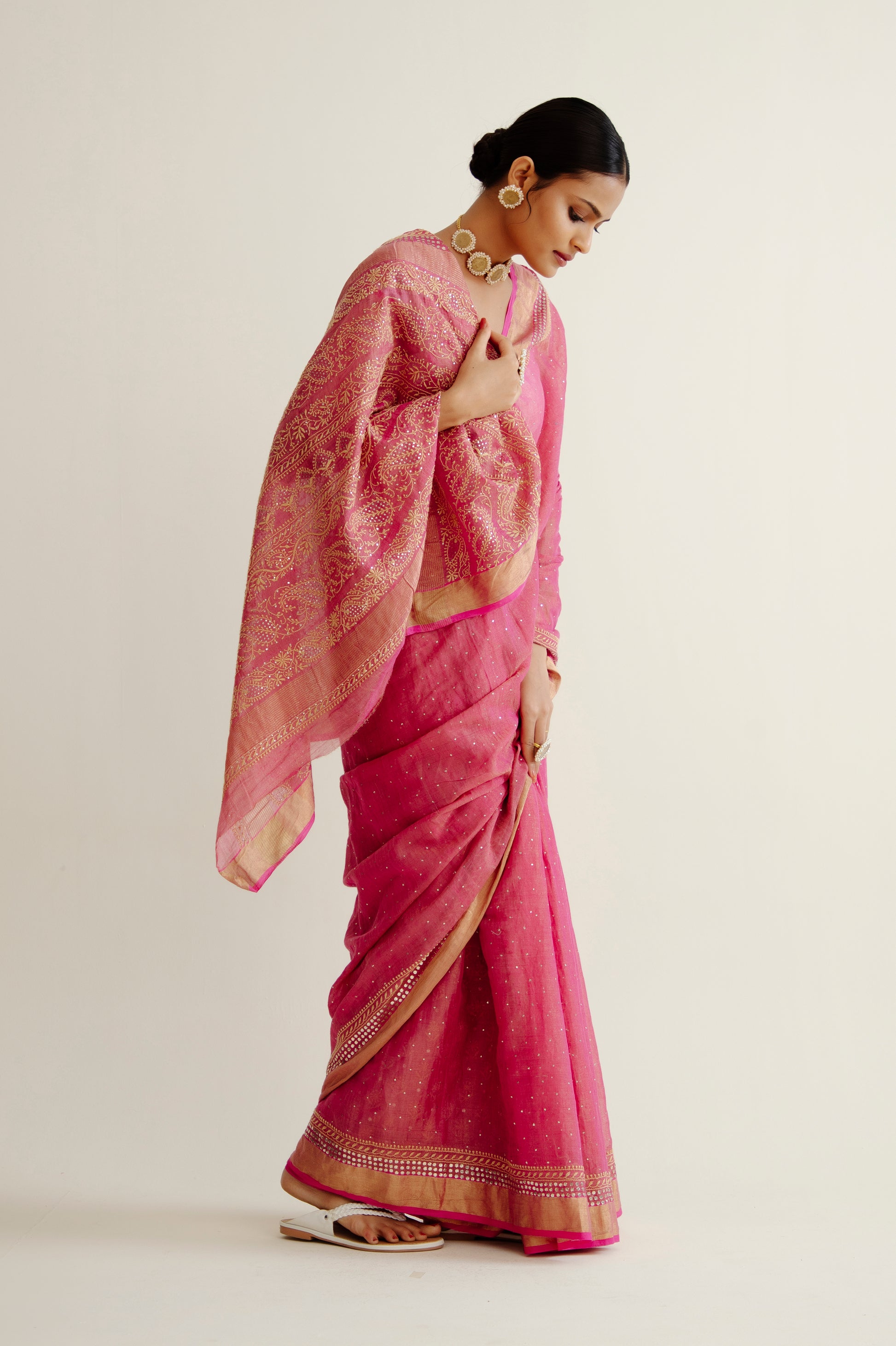 Red Pure Tissue Saree With Mukaish And Thread Work