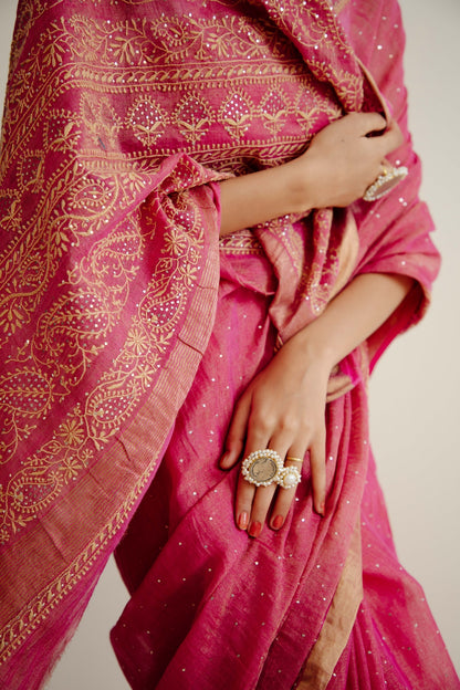 Red Pure Tissue Saree With Mukaish And Thread Work