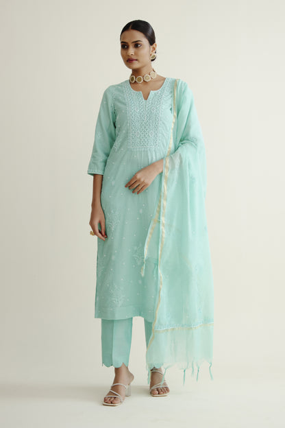 Turquoise Green Kurta Set In Chanderi Cotton With Assembled Work