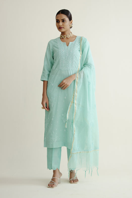 Turquoise Green Kurta Set In Chanderi Cotton With Assembled Work