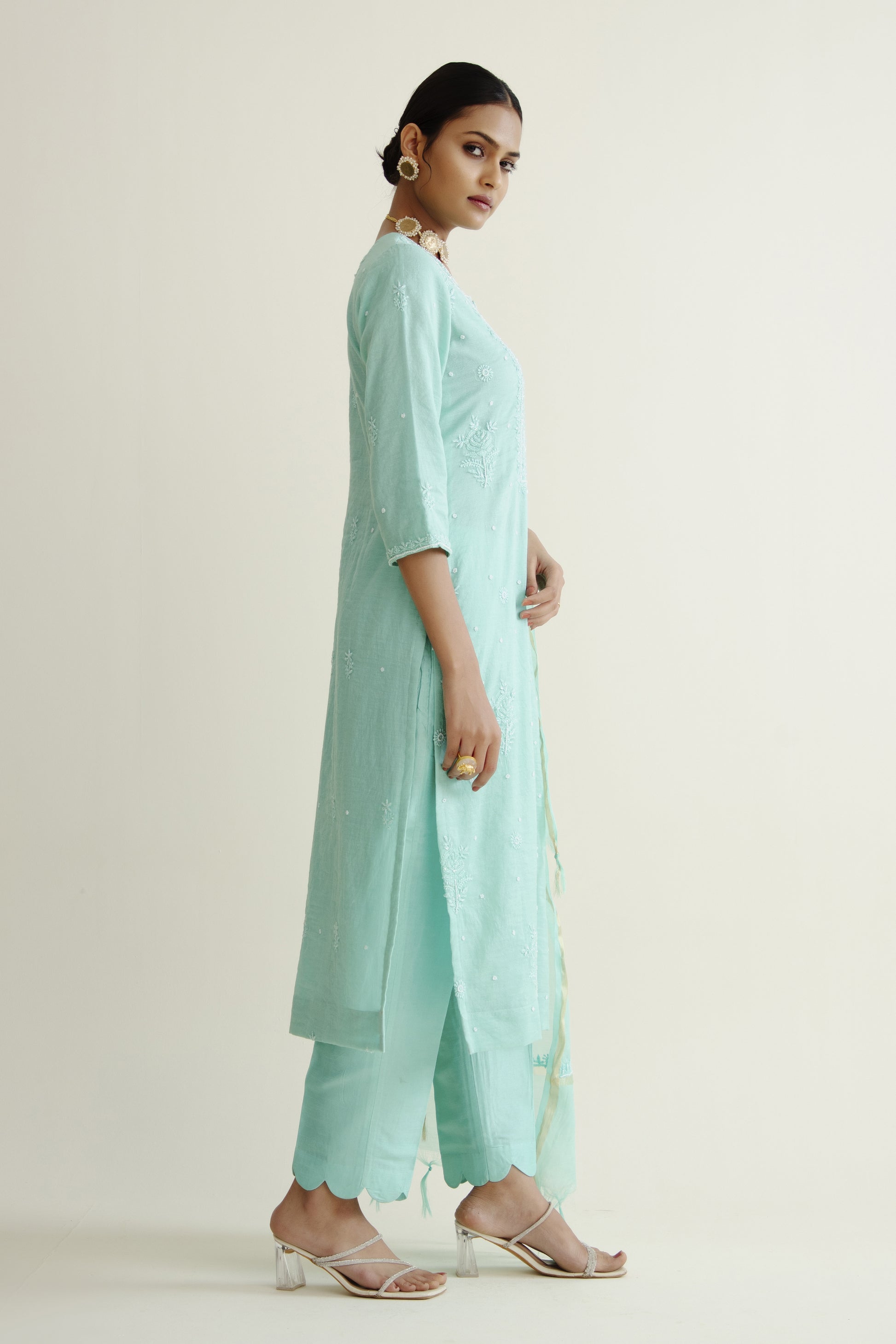Turquoise Green Kurta Set In Chanderi Cotton With Assembled Work