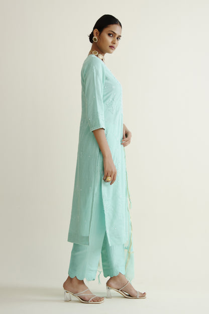 Turquoise Green Kurta Set In Chanderi Cotton With Assembled Work