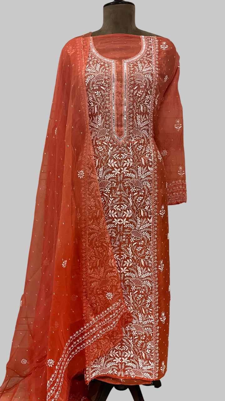 Pure Organza Semi-stitched Kurta And Dupatta Set