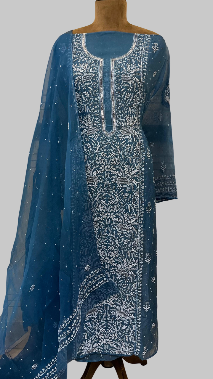 Pure Organza Semi-stitched Kurta And Dupatta Set