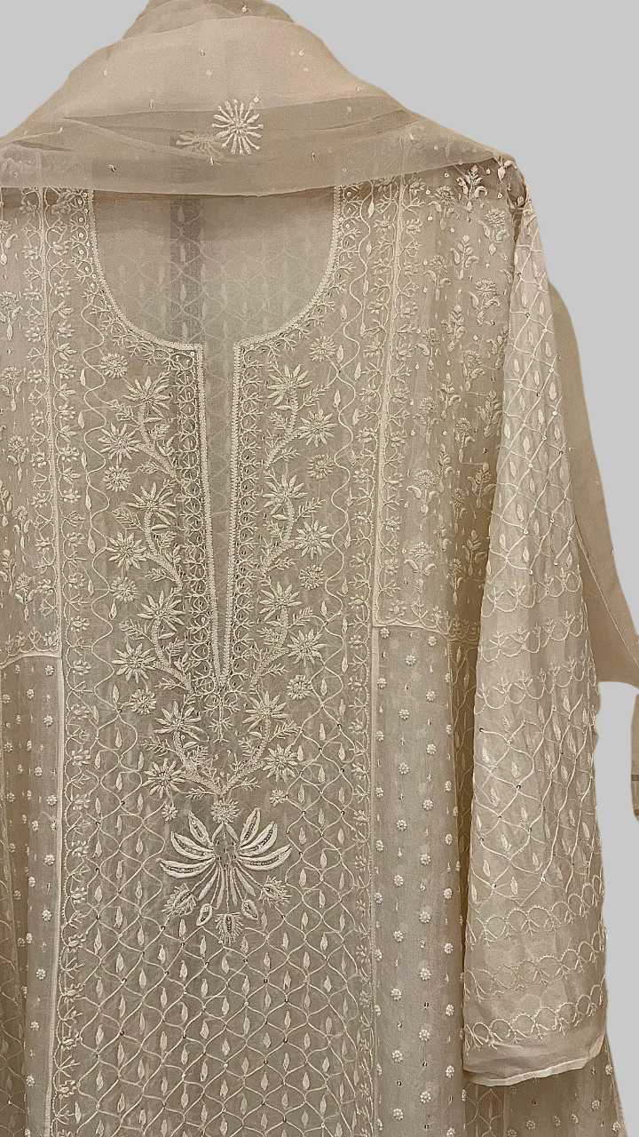 Pure Organza Anarkali Dress with Pearl Swarovski and Sequin Embellished