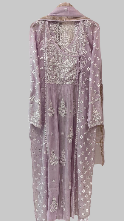 Pure Mul Chanderi Semi Stitched Angarkha Kurta And Dupatta Set