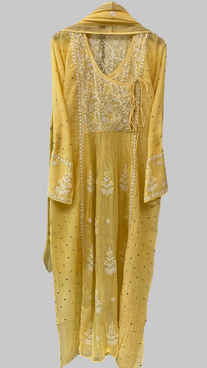 Pure Mul Chanderi Semi Stitched Angarkha Kurta And Dupatta Set