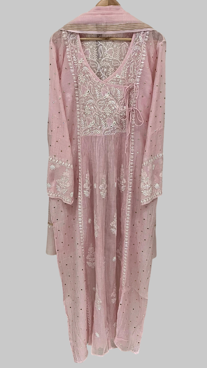 Pure Mul Chanderi Semi Stitched Angarkha Kurta And Dupatta Set