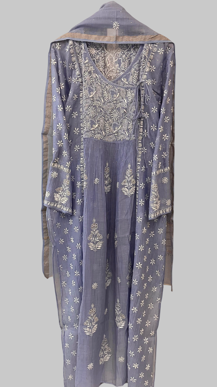 Pure Mul Chanderi Semi Stitched Angarkha Kurta And Dupatta Set