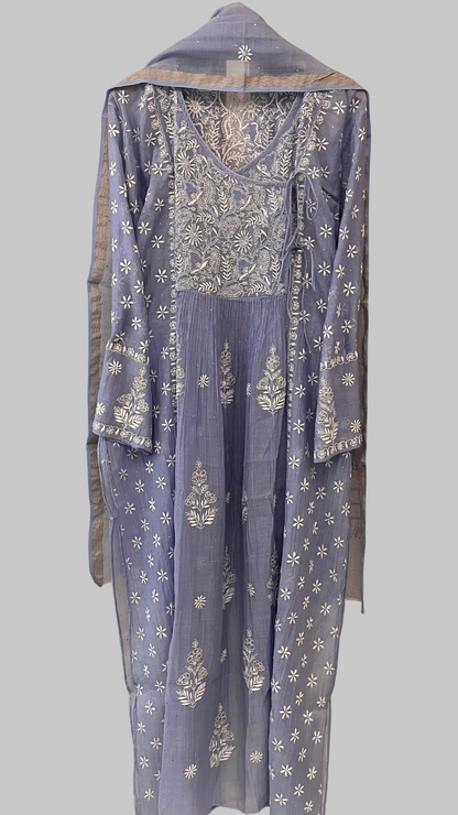 Pure Mul Chanderi Semi Stitched Angarkha Kurta And Dupatta Set
