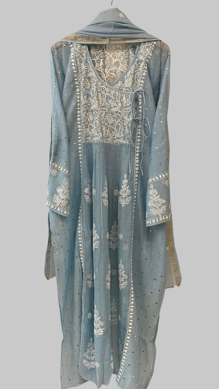 Pure Mul Chanderi Semi Stitched Angarkha Kurta And Dupatta Set