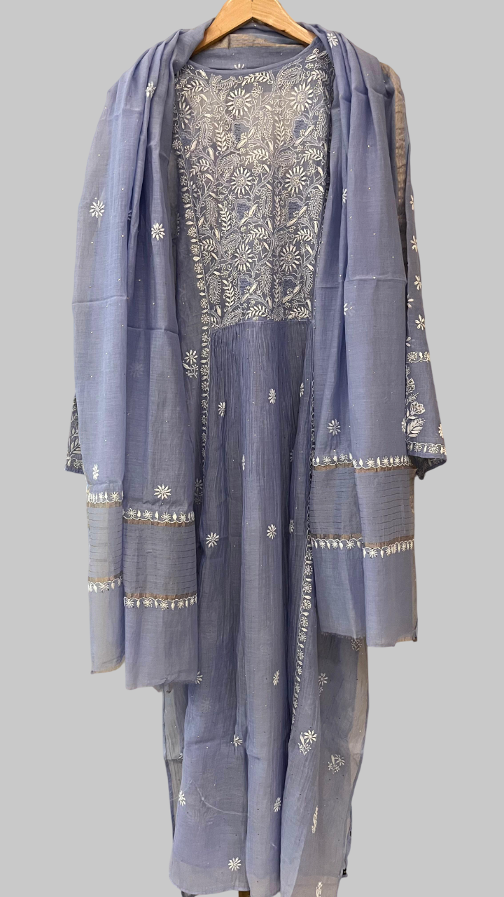 Pure Mul Chanderi Semi Stitched Angarkha Kurta And Dupatta Set
