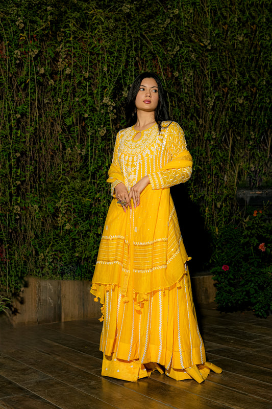 Yellow Set In Pure Mul With Assembled Work