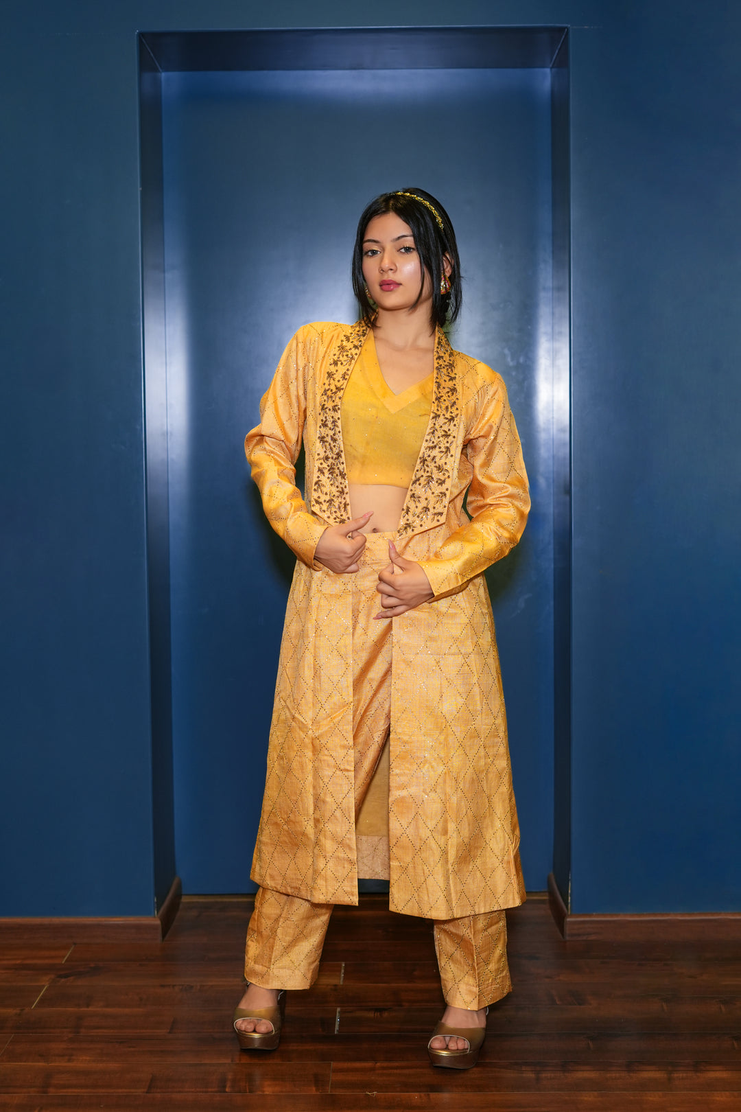 Yellow Set In Pure Tussar Silk With Mukaish And Zardosi Work