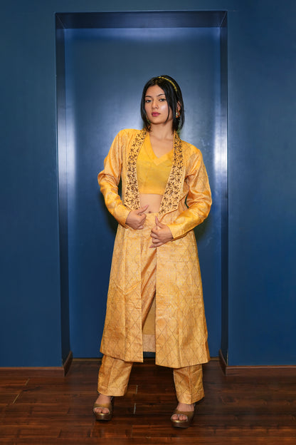 Yellow Set In Pure Tussar Silk With Mukaish And Zardosi Work