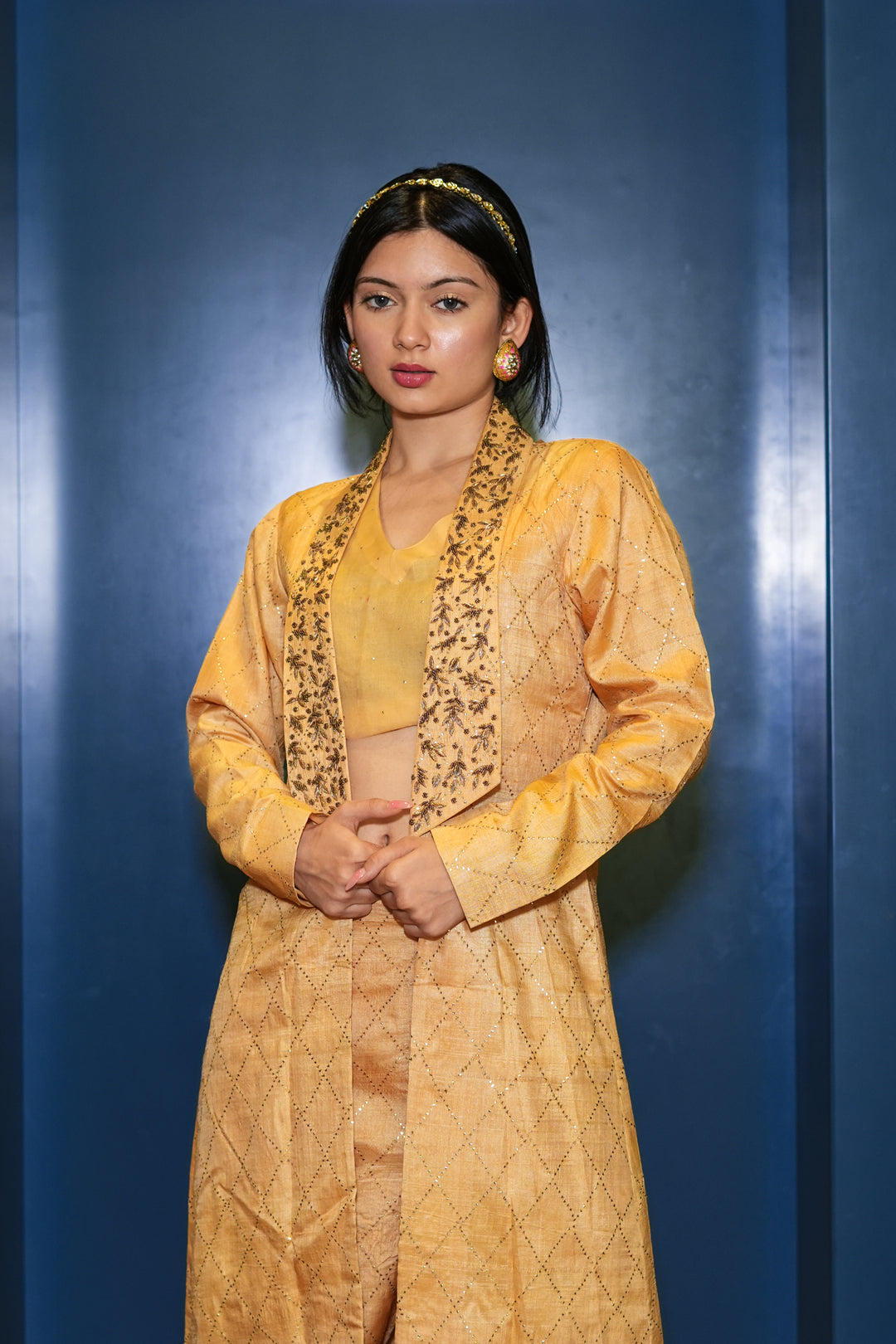 Yellow Set In Pure Tussar Silk With Mukaish And Zardosi Work
