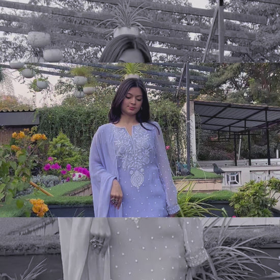 GORGETTE SUIT WITH PEARL AN THREAD WORK