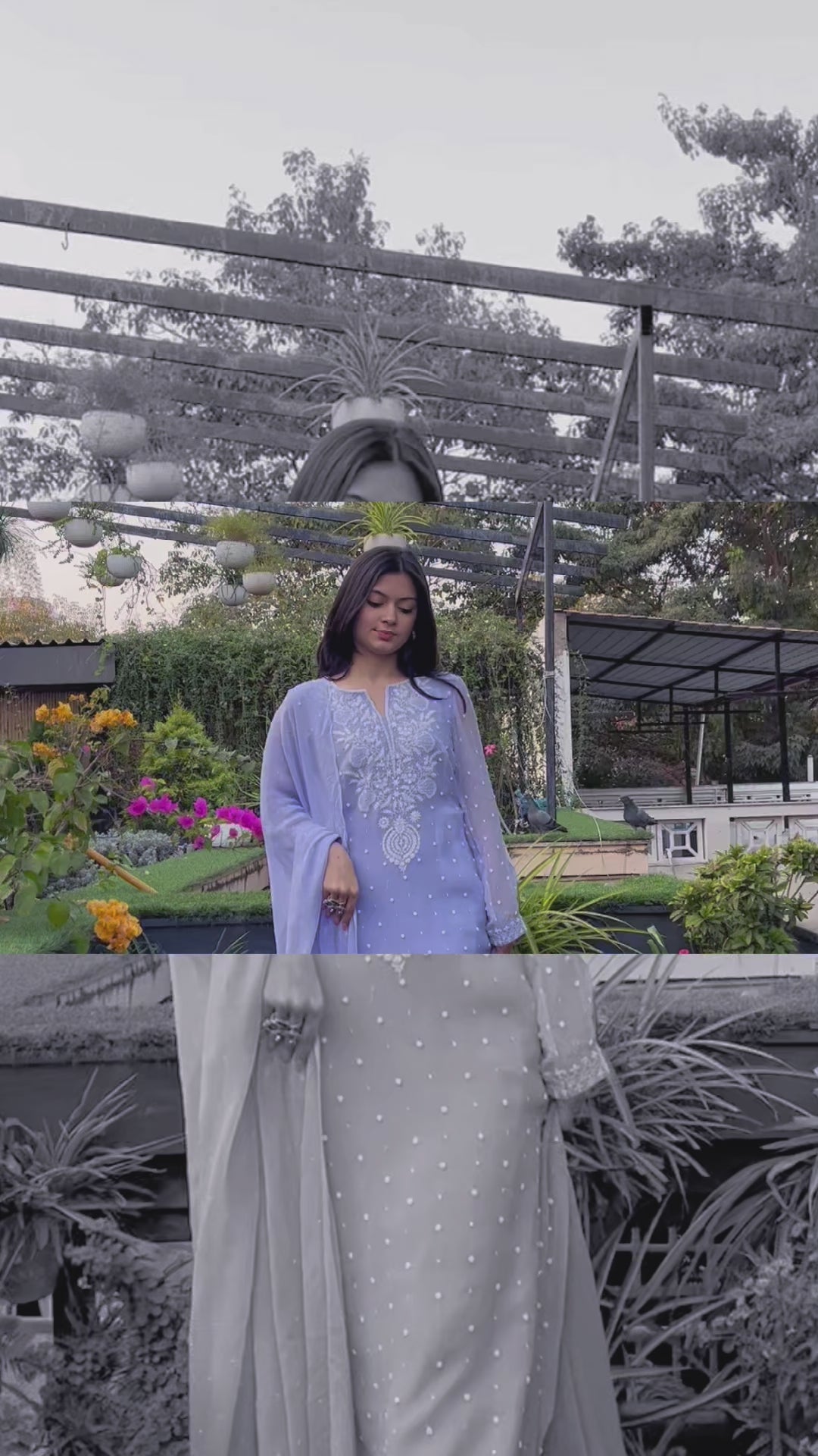 GORGETTE SUIT WITH PEARL AN THREAD WORK